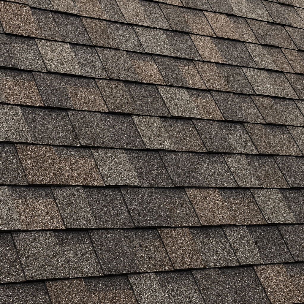 Close-up view of asphalt shingle roofing installed by Zenic Industries, showing durable layered shingles in neutral brown and gray tones.
